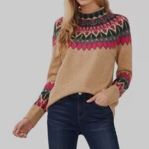 CeCe Tan Sweater with Pink and Green Pattern